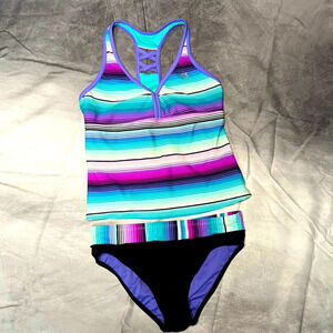 ZeroXposur Tankini in Shades of Purple, Aqua, Teal and Black - sz 12 1/2